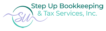 step up bookkeeping and tax services logo in purple and teal